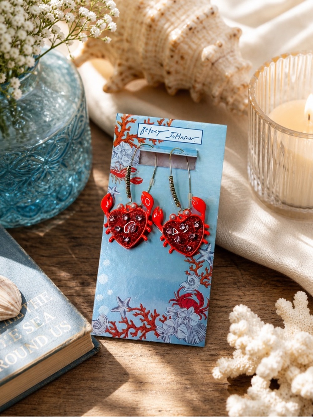 Betsey Johnson Red Crab Rhinestone Earrings NWT Beachy Statement